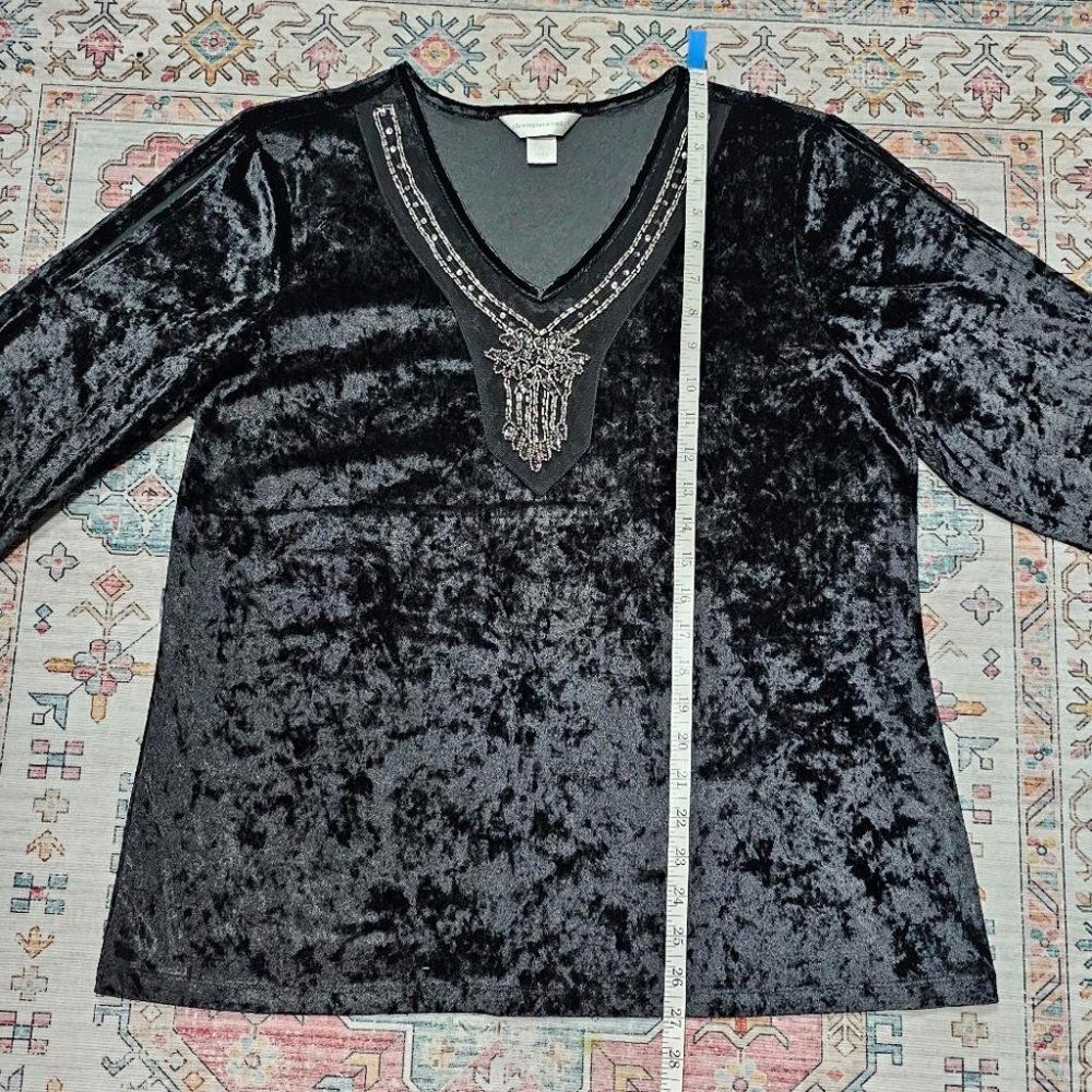 Whimsygoth Hippie Black Crushed Velvet Cold Shoulder Beaded VNeck 3/4 Sleeve Top - Picture 8 of 11
